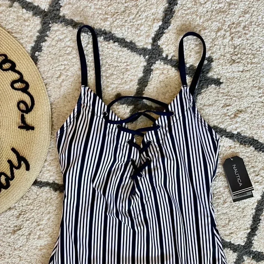 Nautica Dock Lines Lace Up One Piece Swimsuit Small